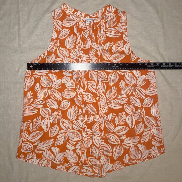 41 HAWTHORN Orange White Leaf Print Breyson Pleat Split Neck Blouse Womens L EUC - Picture 6 of 7